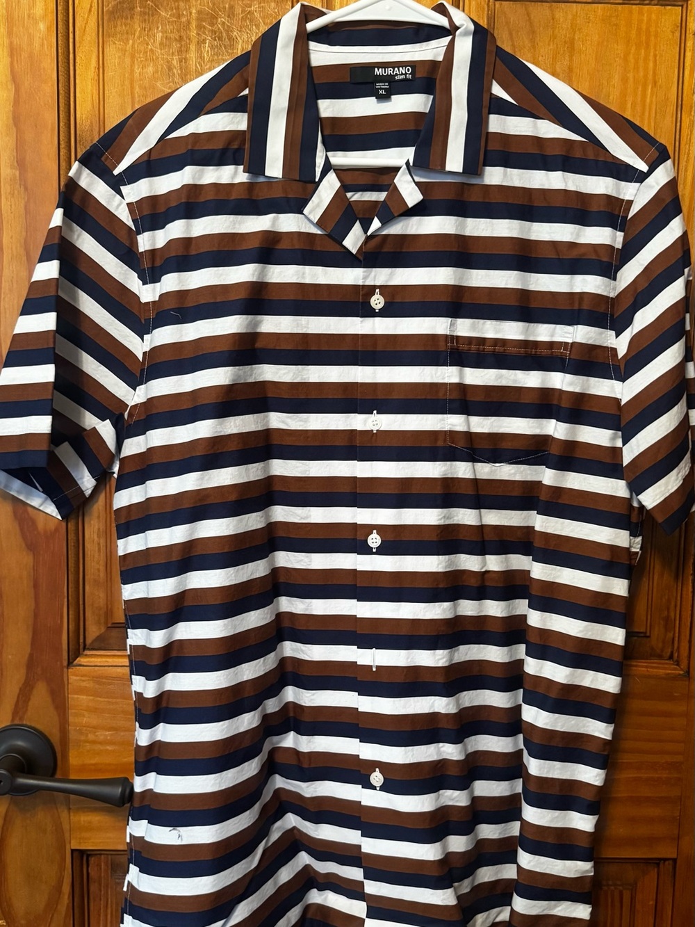 Murano Brown Navy White Horizontal Stripe Short-Sleeve Button-Down